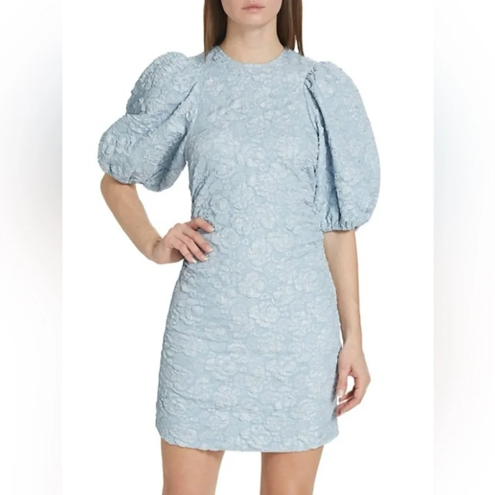GANNI Sky Blue Jacquard Puff Sleeve Ruched Mini Dress NWT EU 34 US 2 XS - Picture 6 of 16